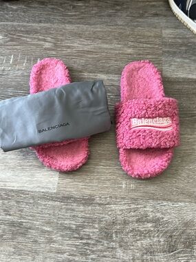 Balenciaga Pink Fuzzy Slide Sandals